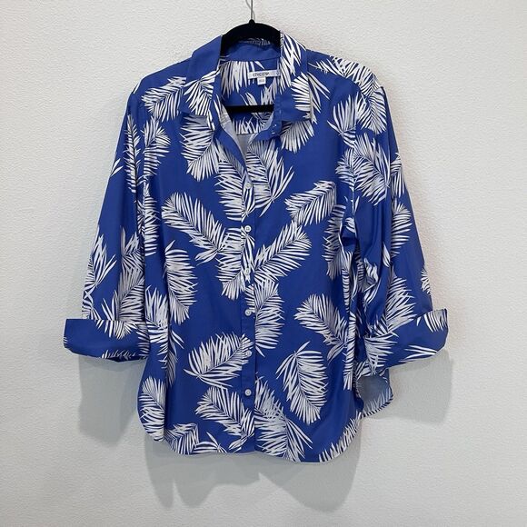 Chico's Tops - Chico’s Size 16 Button-Up Collared Blue/White Coastal Palm Shirt Cuffed Sleeve